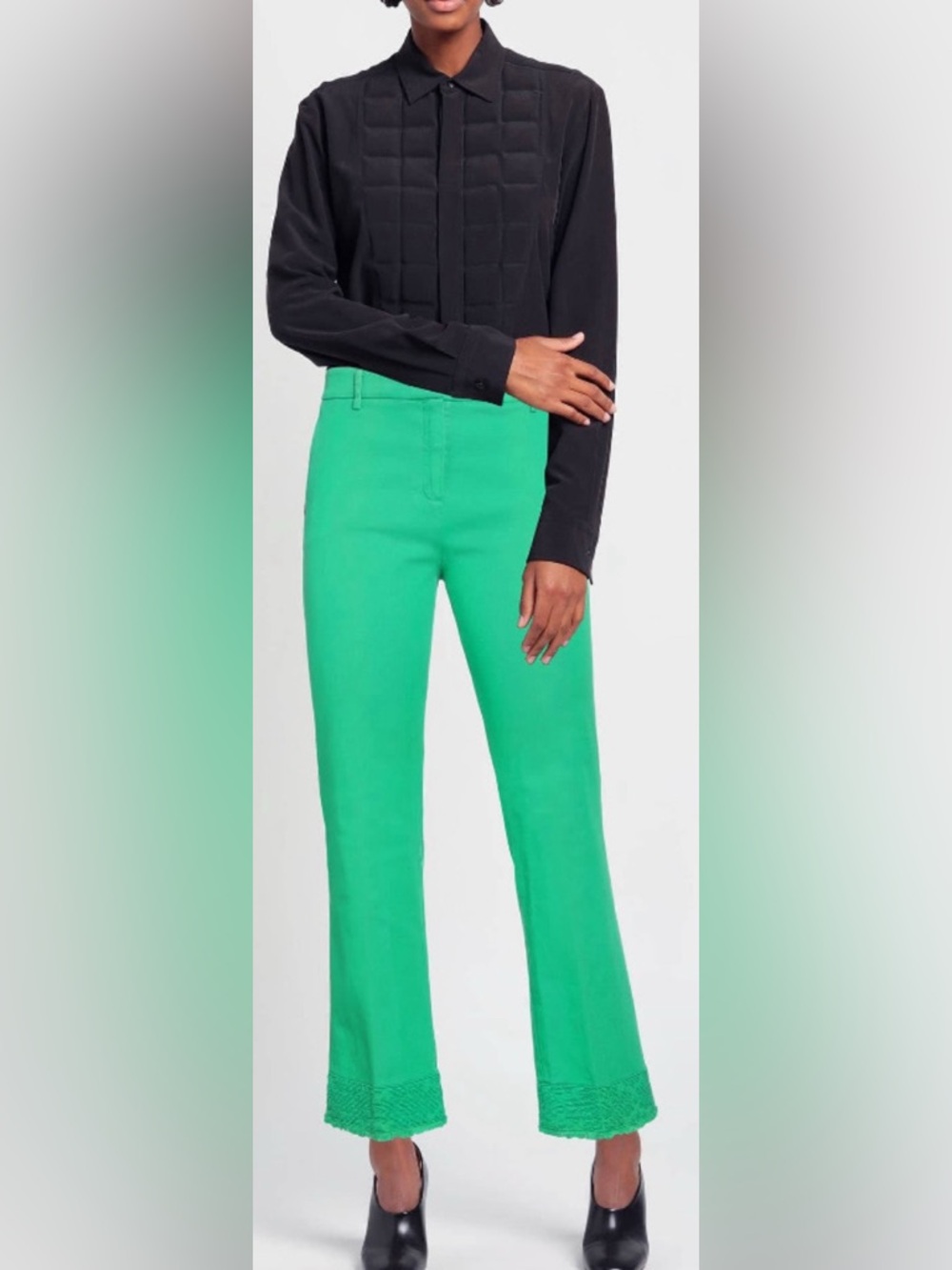 Soft Cotton Green Straight Leg Trouser Pants with Embroidered Hem: Size 6 - Picture 3 of 8